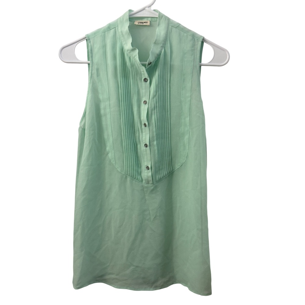 L'Agence Mint Green 100% Silk Sheer Sleeveless Pleated Tuxedo Blouse Size 2